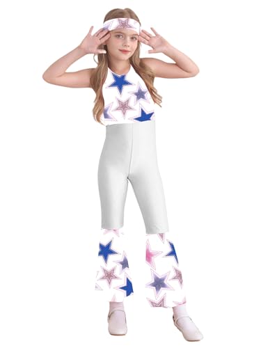 Hedmy Mädchen Halloween 70er Jahre Disco Cosplay Kostüm Jumpsuit Overall Bodysuit mit Stirnband Karneval Party Dancewear Weiß 110-116 von Hedmy