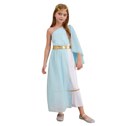 Hedmy Mädchen Halloween Antike Prinzessin Cosplay Griechische Göttin Kostüm Patchwork Tanzkleid Ein Schulter Kleid mit Stirnband Toga Kostüm Hellblau 110-116 von Hedmy