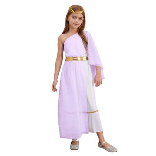 Hedmy Mädchen Halloween Antike Prinzessin Cosplay Griechische Göttin Kostüm Patchwork Tanzkleid Ein Schulter Kleid mit Stirnband Toga Kostüm Lavendel 170 von Hedmy