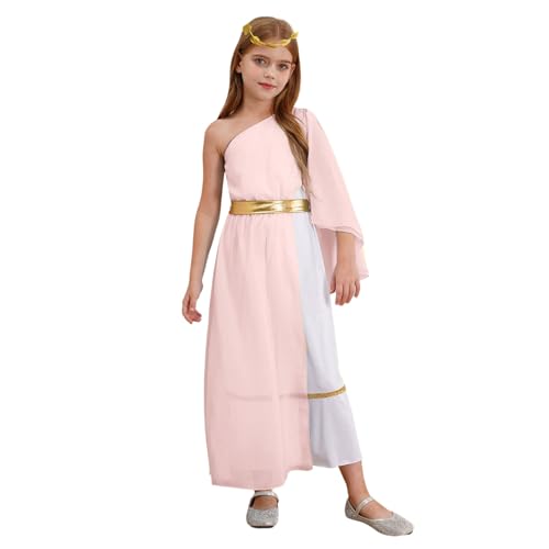 Hedmy Mädchen Halloween Antike Prinzessin Cosplay Griechische Göttin Kostüm Patchwork Tanzkleid Ein Schulter Kleid mit Stirnband Toga Kostüm Rosa 122-128 von Hedmy