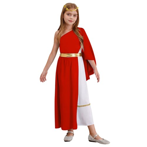 Hedmy Mädchen Halloween Antike Prinzessin Cosplay Griechische Göttin Kostüm Patchwork Tanzkleid Ein Schulter Kleid mit Stirnband Toga Kostüm Rot 110-116 von Hedmy