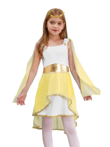 Hedmy Mädchen Halloween Antike Prinzessin Cosplay Griechische Göttin Kostüm Patchwork Tanzkleid mit Kranz Toga Kostüm Gelb 146-152 von Hedmy