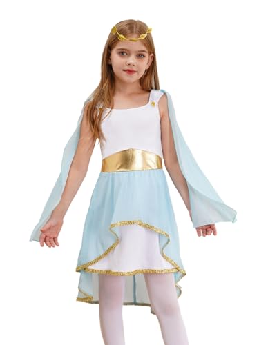 Hedmy Mädchen Halloween Antike Prinzessin Cosplay Griechische Göttin Kostüm Patchwork Tanzkleid mit Kranz Toga Kostüm Hellblau 110-116 von Hedmy