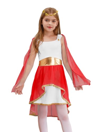 Hedmy Mädchen Halloween Antike Prinzessin Cosplay Griechische Göttin Kostüm Patchwork Tanzkleid mit Kranz Toga Kostüm Rot 122-128 von Hedmy