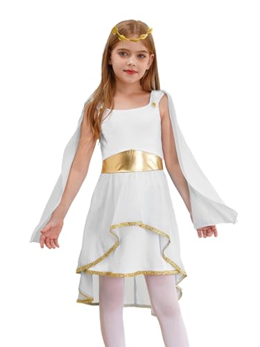 Hedmy Mädchen Halloween Antike Prinzessin Cosplay Griechische Göttin Kostüm Patchwork Tanzkleid mit Kranz Toga Kostüm Weiß 110-116 von Hedmy