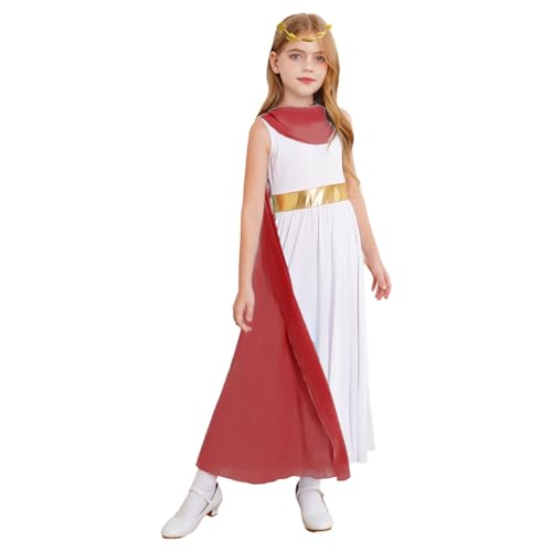 Hedmy Mädchen Halloween Antike Prinzessin Cosplay Griechische Kostüm Patchwork Tanzkleid Toga Kleider mit Kopfkranz Kostüm Burgundy 110-116 von Hedmy