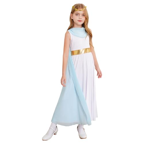 Hedmy Mädchen Halloween Antike Prinzessin Cosplay Griechische Kostüm Patchwork Tanzkleid Toga Kleider mit Kopfkranz Kostüm Hellblau 110-116 von Hedmy