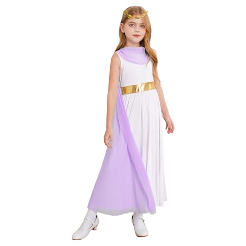 Hedmy Mädchen Halloween Antike Prinzessin Cosplay Griechische Kostüm Patchwork Tanzkleid Toga Kleider mit Kopfkranz Kostüm Lavendel| 110-116 von Hedmy