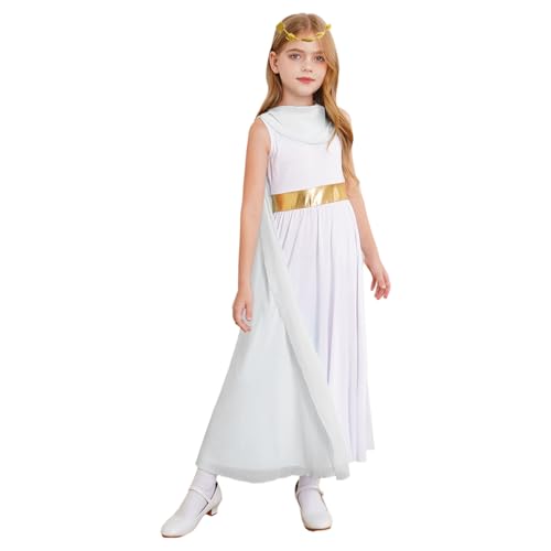 Hedmy Mädchen Halloween Antike Prinzessin Cosplay Griechische Kostüm Patchwork Tanzkleid Toga Kleider mit Kopfkranz Kostüm Weiß 134-140 von Hedmy