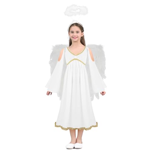 Hedmy Mädchen Halloween Antike Prinzessin Cosplay Griechische Kostüm Tanzkleid Toga Kleider mit Flügeln und Stirnband Set Weiß B 104-110 von Hedmy