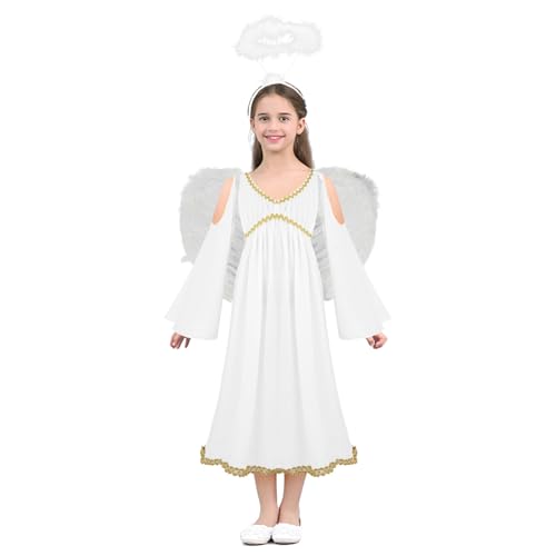 Hedmy Mädchen Halloween Antike Prinzessin Cosplay Griechische Kostüm Tanzkleid Toga Kleider mit Flügeln und Stirnband Set Weiß C 116-122 von Hedmy