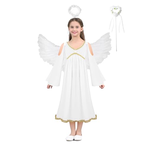 Hedmy Mädchen Halloween Engel Cosplay Kostüm Mittelalter Kleid Maxikleid mit Engelsflügel Stirnband und Feenstab Weiß 104-110 von Hedmy