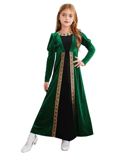 Hedmy Mädchen Langarm Kleid Mittelalter Kleid Gothic Prinzessin Renaissance Maxikleid Halloween Oktoberfest Viktorianischen Königin Kostüm Grün 146-152 von Hedmy