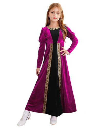 Hedmy Mädchen Langarm Kleid Mittelalter Kleid Gothic Prinzessin Renaissance Maxikleid Halloween Oktoberfest Viktorianischen Königin Kostüm Hot Pink 146-152 von Hedmy