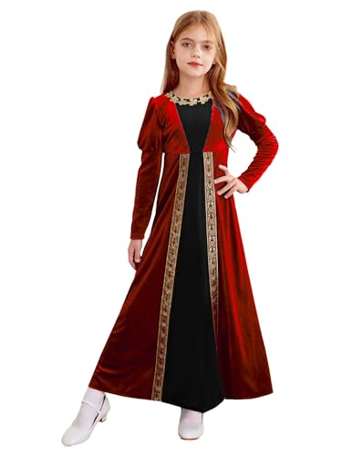 Hedmy Mädchen Langarm Kleid Mittelalter Kleid Gothic Prinzessin Renaissance Maxikleid Halloween Oktoberfest Viktorianischen Königin Kostüm Rot 122-128 von Hedmy