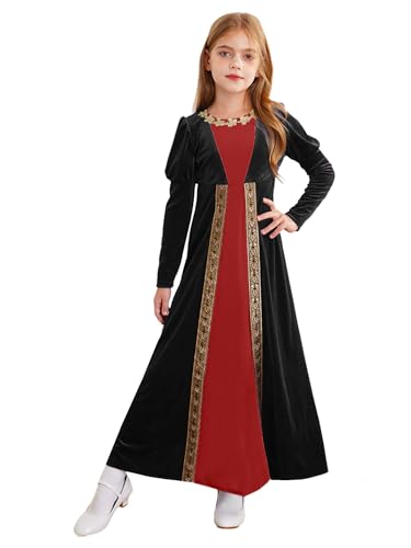 Hedmy Mädchen Langarm Kleid Mittelalter Kleid Gothic Prinzessin Renaissance Maxikleid Halloween Oktoberfest Viktorianischen Königin Kostüm Schwarz 134-140 von Hedmy