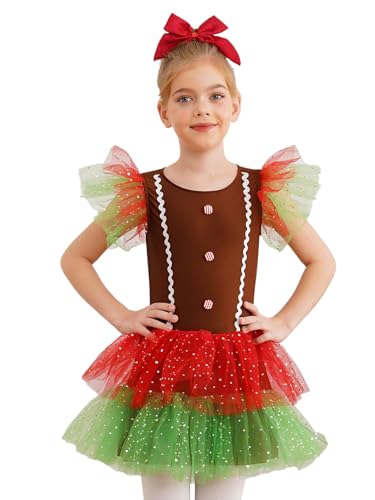 Hedmy Mädchen Lebkuchenmann Kostüm Lebkuchen Kleid Weihnachten Ärmellose Tutu Kleid Tanzkleid mit Rock Weihnachtsoutfits Braun 110-116 von Hedmy