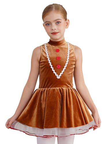 Hedmy Mädchen Weihnachten Kleid Lebkuchenmann Kostüm Ärmellose Samt Tutu Kleid Tanzkleid mit Rock Weihnachtskostüm Braun 170 von Hedmy