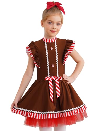 Hedmy Mädchen Weihnachten Kleid Lebkuchenmann Kostüm Ärmellose Tutu Kleid Tanzkleid mit Rock Rüschenkleid Weihnachtskostüm Braun 122-128 von Hedmy