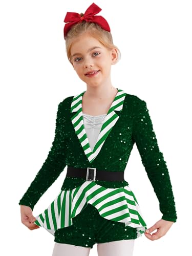 Hedmy Mädchen Weihnachten Zuckerstangen Kostüm Gymnastik Tanztrikot Bodysuit Langarm Streifen Overall Jumpsuit Tanzkleidung Grün 146-152 von Hedmy