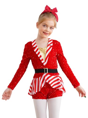 Hedmy Mädchen Weihnachten Zuckerstangen Kostüm Gymnastik Tanztrikot Bodysuit Langarm Streifen Overall Jumpsuit Tanzkleidung Rot 110-116 von Hedmy