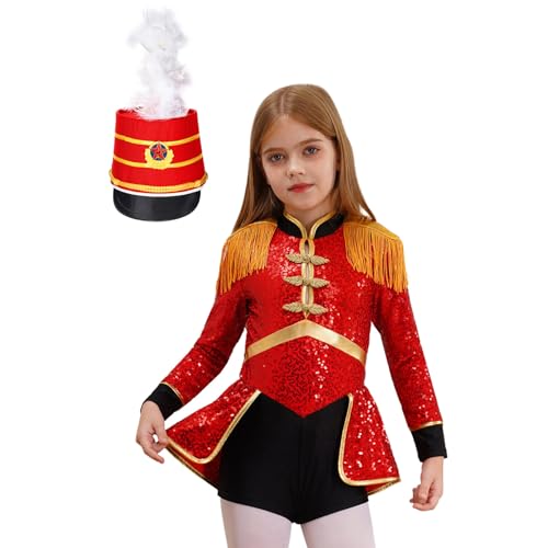 Hedmy Mädchen Zirkus Kostüm Langarm Bodysuit Overall Fransen Pailletten Jumpsuit mit Hut Zubehör Cosplay Fasching Karneval Rot B 122-128 von Hedmy