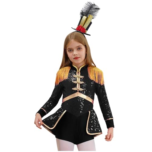 Hedmy Mädchen Zirkus Kostüm Langarm Bodysuit Overall Fransen Pailletten Jumpsuit mit Hut Zubehör Cosplay Fasching Karneval Schwarz A 170 von Hedmy