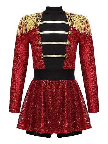 Hedmy Mädchen Zirkus Kostüm Zirkusdirektorin Langarm Kostümkleid mit Shorts Pailletten Tanzkleid Partykleid Karneval Cosplay Kleidung Rot 170-176 von Hedmy