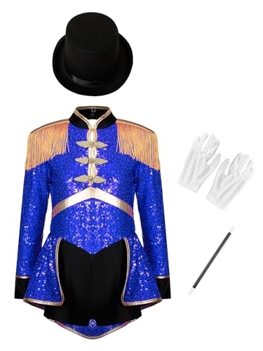 Hedmy Mädchen Zirkusdirektor Cosplay Kostüm Langarm Body Tanz Trikot mit Hut Zauberstab und Handschuhen Fasching Karneval Halloween Blau 110-116 von Hedmy