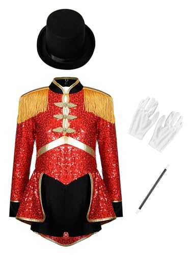 Hedmy Mädchen Zirkusdirektor Cosplay Kostüm Langarm Body Tanz Trikot mit Hut Zauberstab und Handschuhen Fasching Karneval Halloween Rot 110-116 von Hedmy