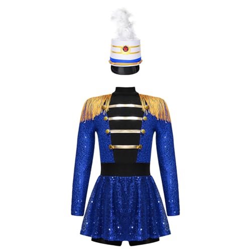 Hedmy Mädchen Zirkusdirektor Cosplay Kostüm Langarm Tanzkleid mit Feder Hut Halloween Karnevalskostüm Mottoparty Tanzkleidung Blau 110-116 von Hedmy