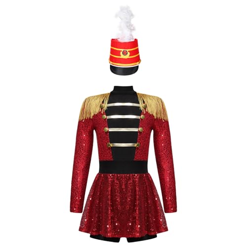 Hedmy Mädchen Zirkusdirektor Cosplay Kostüm Langarm Tanzkleid mit Feder Hut Halloween Karnevalskostüm Mottoparty Tanzkleidung Rot 110-116 von Hedmy