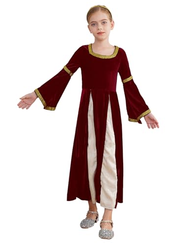 Hedmy Mittelalter Kostüm Mädchen Renaissance Prinzessin Kleid Langarm Patchwork Samt Kleid mit Kopfbedeckun Cosplay Party Kostüm Burgundy 134-140 von Hedmy