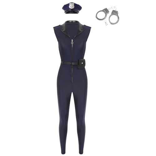 Hedmy Polizei Kostüm Damen Erwachsene Polizistin Uniform Lackleder Overall mit Polizei Zubehör Cosplay Kostüm Navy blau 3XL von Hedmy