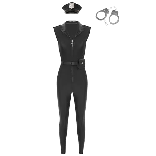 Hedmy Polizei Kostüm Damen Erwachsene Polizistin Uniform Lackleder Overall mit Polizei Zubehör Cosplay Kostüm Schwarz 3XL von Hedmy