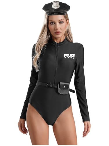 Hedmy Polizei Kostüm Damen Erwachsene Polizistin Uniform Langarm Overall mit Polizei Zubehör für Halloween Karneval Fasching Schwarz 4XL von Hedmy