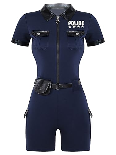 Hedmy Polizei Kostüm Damen Erwachsene Polizistin Uniform Rollenspiel Cosplay mit Polizei Zubehör Karneval Faschingkostüm Navy blau L von Hedmy