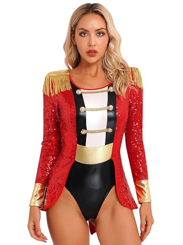 Hedmy Zirkusdirektorin Kostüm Damen Zirkus Bodysuit Einteiler Body mit Fransen Glitzer Halloween Fasching Kostüm Rot XXL Hedmy Zirkusdirektorin Kostüm Damen Zirkus Bodysuit Einteiler Body mit Fransen Glitzer Halloween Fasching Kostüm Rot XXL von Hedmy