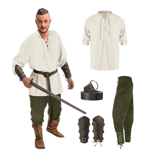 Heeyspike 5 Stück Renaissance Kostüm Herren Set Wikinger Kostüm mit Piratenhemd Herren Hose Gürtel Handgelenkschlaufe Mittelalter Kleidung Männer Halloween Karneval Cosplay Kostüme (Beige, XXL) von Heeyspike