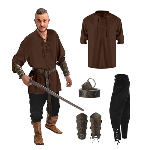 Heeyspike 5 Stück Renaissance Kostüm Herren Set Wikinger Kostüm mit Piratenhemd Herren Hose Gürtel Handgelenkschlaufe Mittelalter Kleidung Männer Halloween Karneval Cosplay Kostüme (Braun, XXL) von Heeyspike