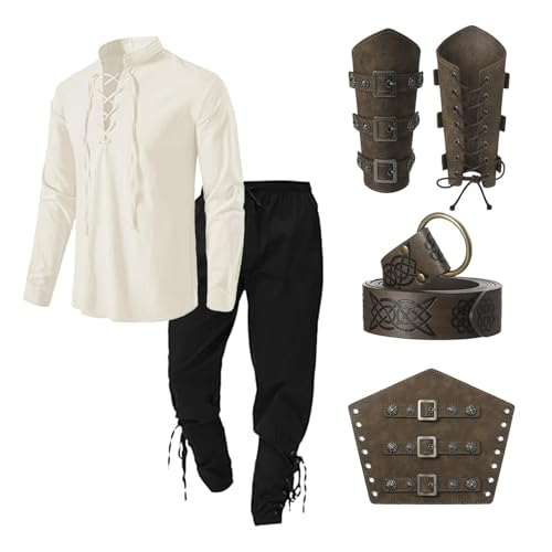 Heeyspike 5 Stück Renaissance Kostüm Herren Set Wikinger Kostüm mit Piratenhemd Herren Hose Gürtel Handgelenkschlaufe Mittelalter Kleidung Männer Halloween Karneval Cosplay Kostüme (Khaki, M) von Heeyspike