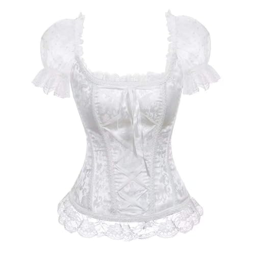 Heeyspike Korsett-Oberteil, Überbrust-Bustier für Damen, mit Ärmeln, Reißverschluss, Blumenmuster, Schnürung, Kostüme, Burlesque-Weste (weiß, XS) von Heeyspike