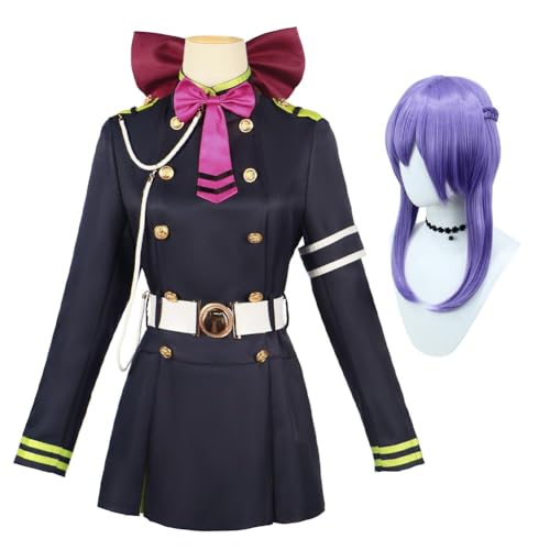 Heeyspike Seraph of the End Cosplay Shinoa Hiiragi Cosplay Kostüm Kleid Outfit Komplettes Set Shinoa Hiiragi Cosplay Perücke Halloween Karneval Party Dress Up für Frauen Mädchen (Shinoa Hiiragi mit von Heeyspike