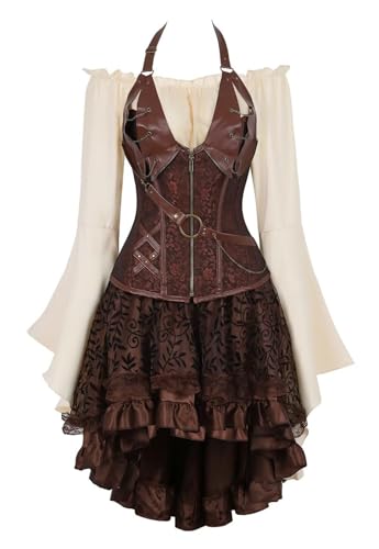 Heeyspike Steampunk-Korsettkleid, 3-teiliges Outfit für Damen, Leder-Bustiers, Gothic-Spitze, Piratenrock, Retro, weiße Bluse (3setbrown, 6XL) von Heeyspike