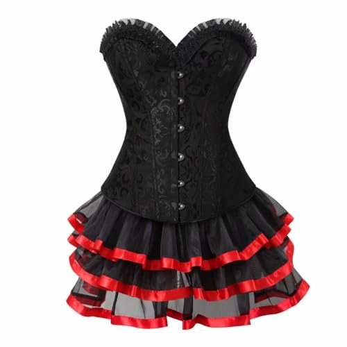 Korsettkleid mit Röcken, Tutu, Gothic-Bustier, Stahlstäbchen, Spitze, Blumen-Kostüm, Übergröße (Schwarzrot, S) von Heeyspike