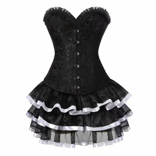 Korsettkleid mit Röcken, Tutu, Gothic-Bustier, Stahlstäbchen, Spitze, Blumen-Kostüm, Übergröße (Schwarzweiß, 5XL) von Heeyspike