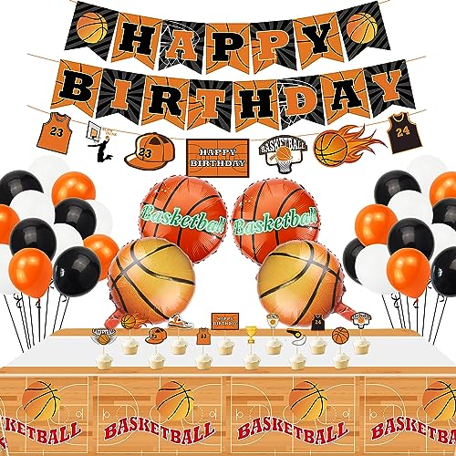 Hegbolke Basketball-Party-Dekorationen – inklusive HAPPY BIRTHDAY-Bannern, 4 Basketball-Folienballons, Tortenaufsätzen, Ballons mit Basketball-Thema (A) von Hegbolke