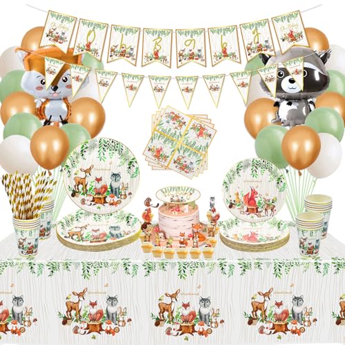 Hegbolke Woodland Babyparty-Dekorationen – Forest Animal Friends Fuchs, Hirsch, Bär, Waschbär, Set mit Tellern, Tassen, Servietten, Tischdecke, Tortenaufsätzen, Luftballons, Banner – für 20 B von Hegbolke