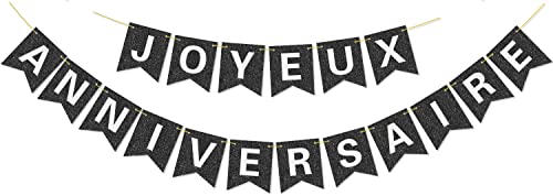 Vorgespanntes Joyeux-Anniversaire-Banner – KEIN DIY – mit glänzenden Buchstaben Glitter Joyeux Anniversaire-Banner für schwarze Geburtstagsfeier-Dekorationen und Zubehör von Hegbolke