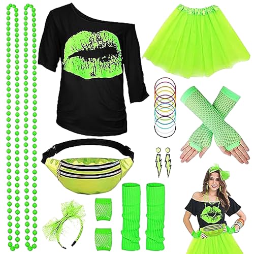 80er 90er Jahre Outfit Damen,T-Shirt,Tank top,Beinwärmer,Netzhandschuhe,Kostüm 80er Jahre Netzoberteil Damen Tops Neon Shirt 80s Aerobic Outfit Kleidung Mottoparty FaschingskostüM Damen Damen KostüMe von Hehiy